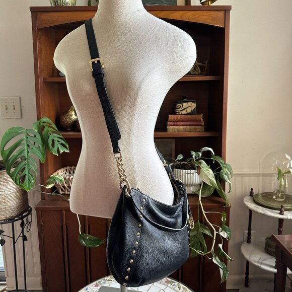 Michael Kors Black Pebbled Leather Studded Shoulder Bag 38H4YMDL2L Gold Hardware - Picture 11 of 15